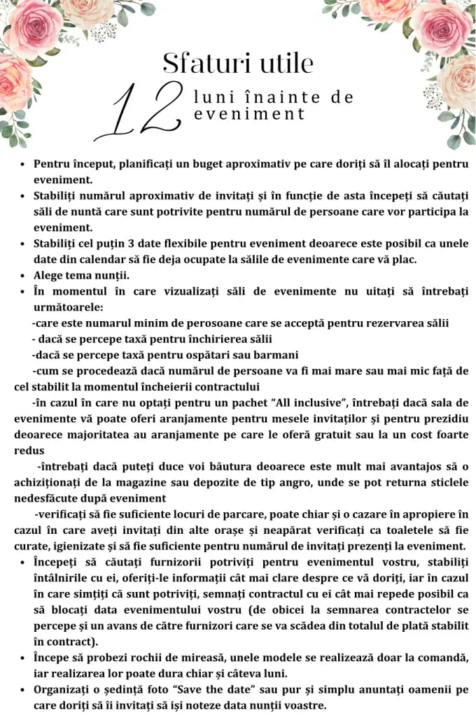 Sfaturi utile pentru 12 luni înainte de nuntă