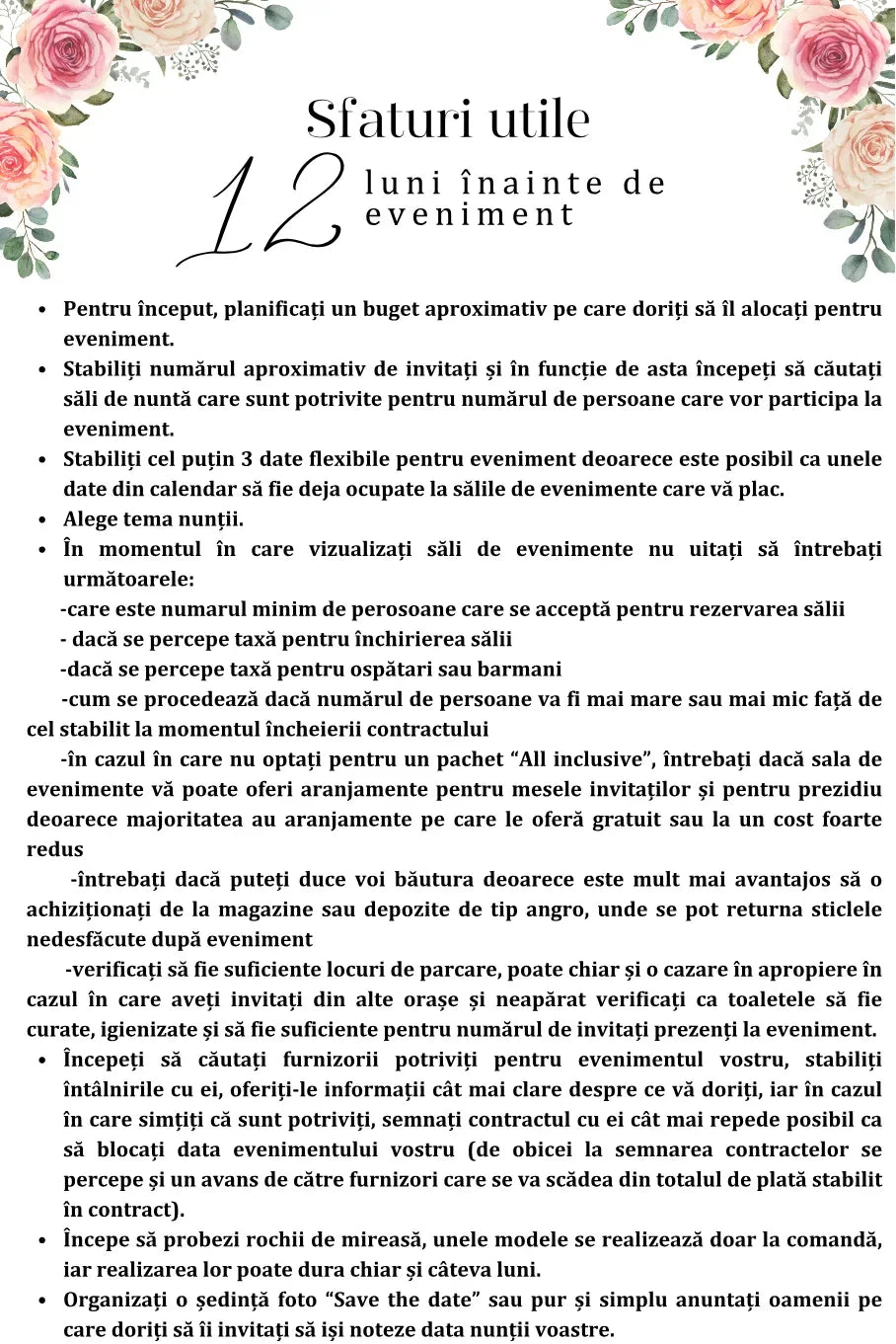Sfaturi utile pentru 12 luni înainte de nuntă